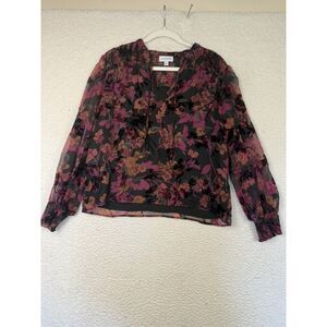 Evereve Blouse Womens Medium Black Pink Floral Sheer‎ Long Sleeve Velvet Burnout